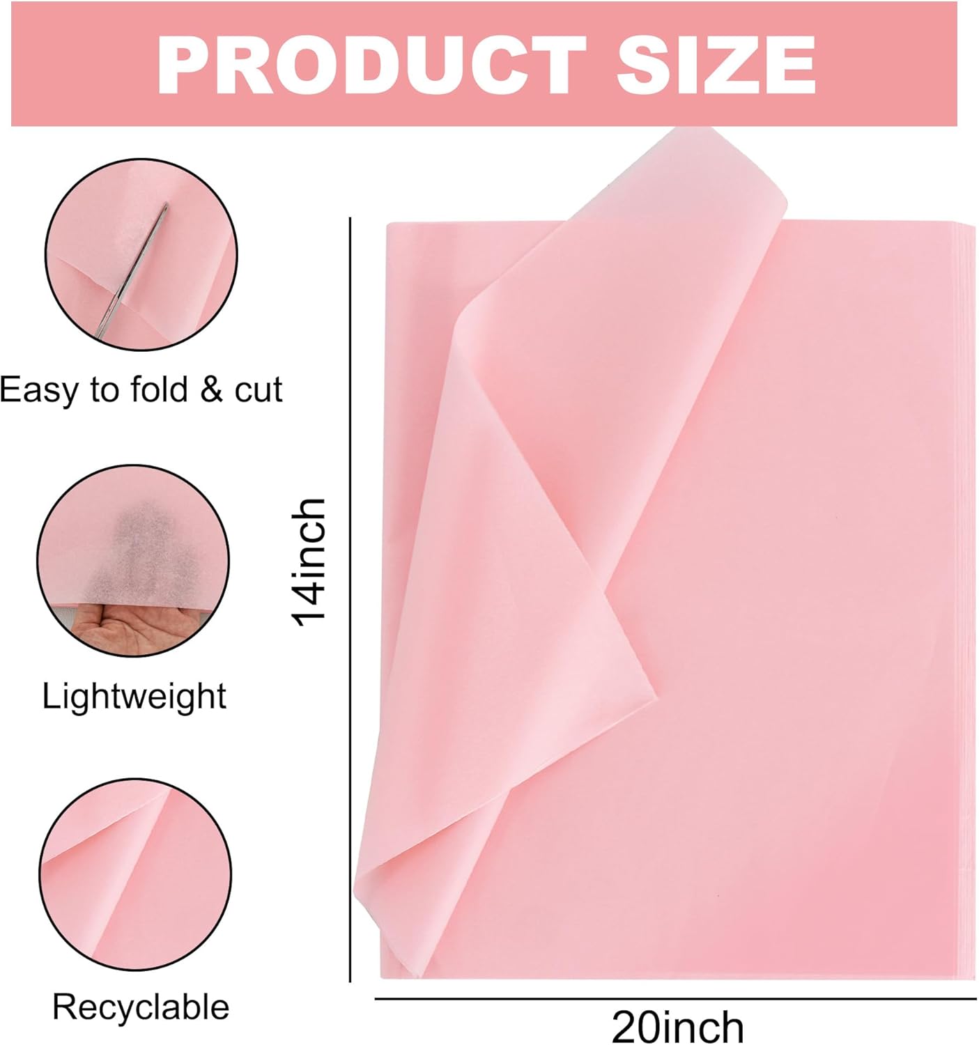 BEISHIDA 100 Sheets Pink Tissue Paper Bulk, Wrapping Tissue Paper for Gift Bags, 14 x 20 Inch Gift Wrap for Valentine Birthday Wedding Graduation DIY Crafts Holiday Flowers