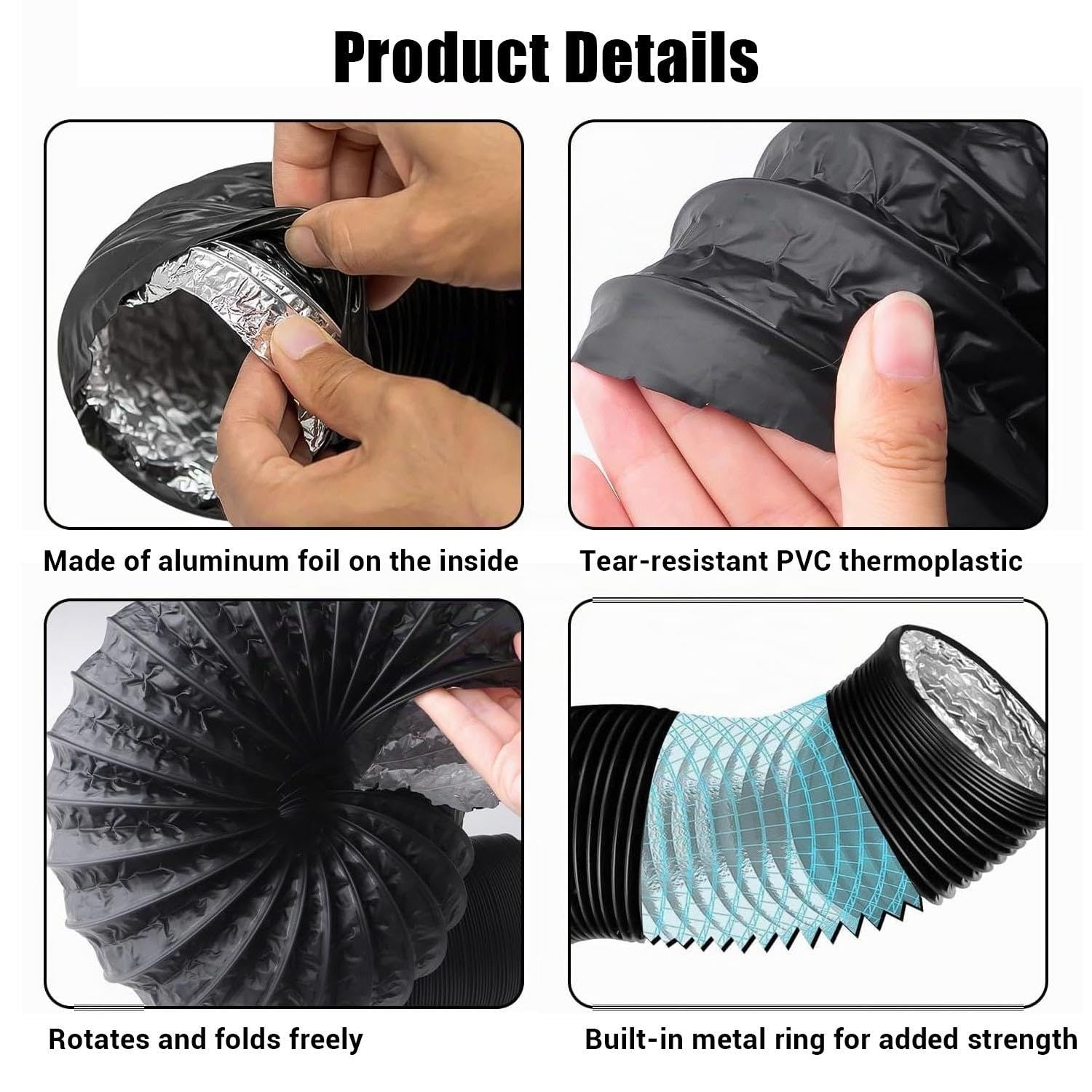 Conduit D'air Flexible En Aluminium Gaine Ventilation Tuyau D'aération Noir