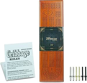 Tradeopia Wooden Cribbage Board Game - 3 Track with Built-in Storage and Metal Crib Pegs, Wooden Crib Game Set, Travel Games