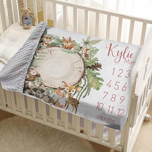 Miniatura 5 de Manta de hito mensual personalizada para bebé, nombre personalizado con diseño de animales del bosque, fondo de fotografía, manta de felpa suave con