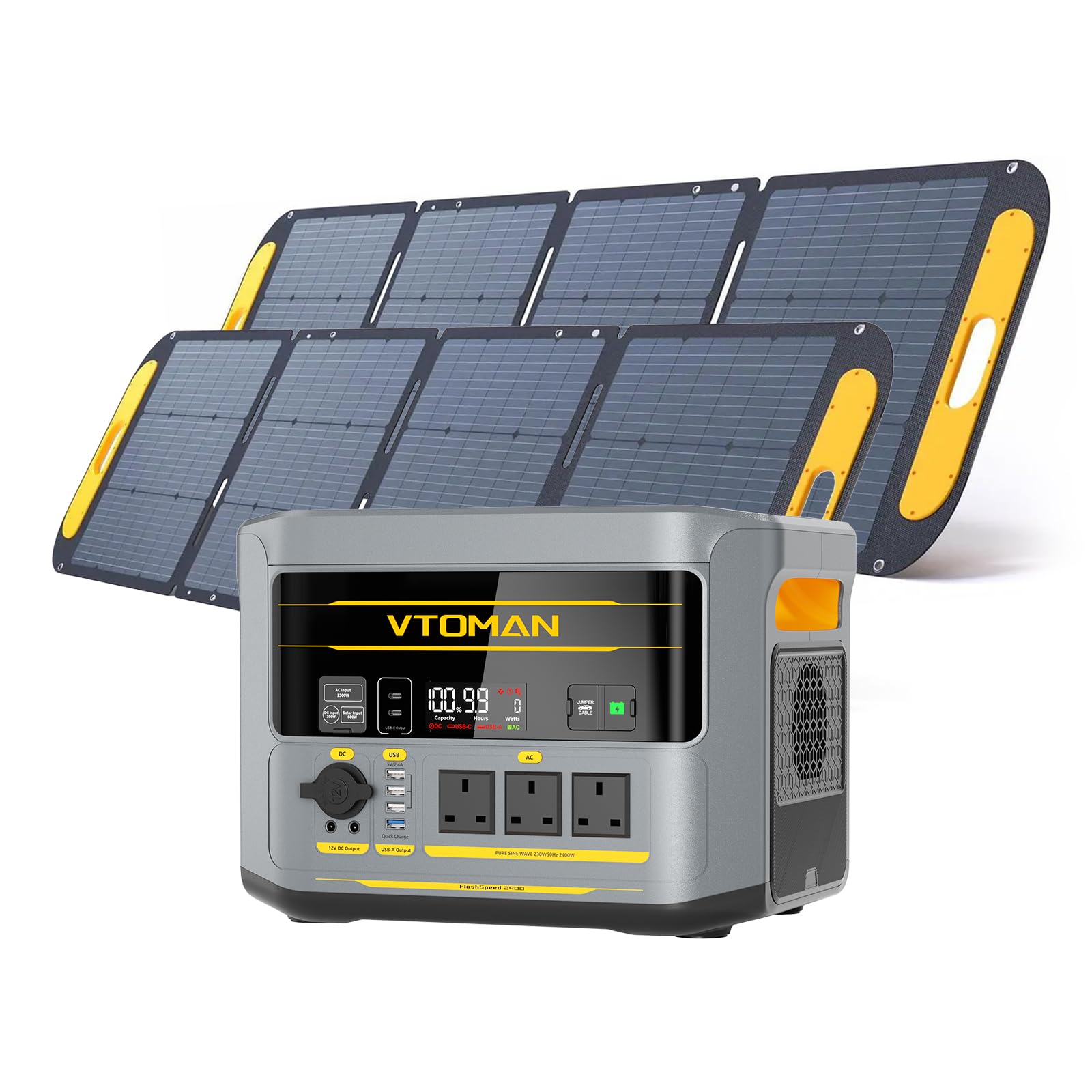 VTOMAN FlashSpeed 2400 Power Station with 2*200W Pro Solar Panel, 2400W/1408Wh LiFePO4 Solar Generator, Expandable up to 2688Wh, 600W Solar Input, 1H AC Fast Charge for Camping, Road Trip, RVing