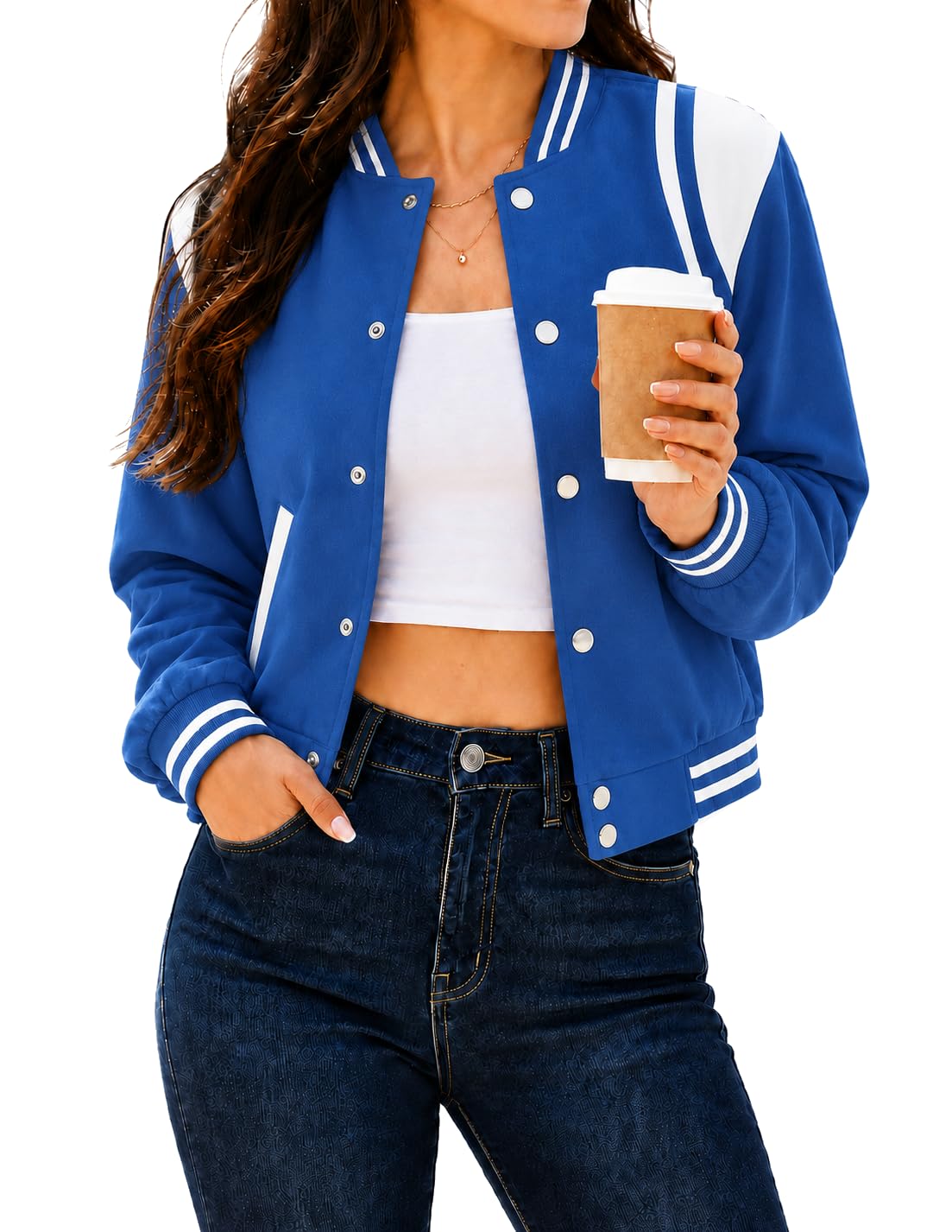 Women's Varsity Bomber Jacket Short Button Down with Pockets