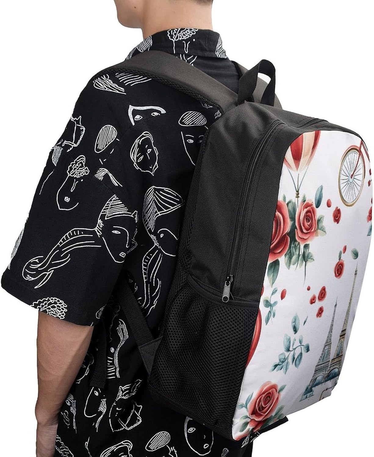 Eiffel Tower Paris Flowers Bicycle Laptop Backpack for Men Women 17 Inch Shoulder Bag Travel Daypack