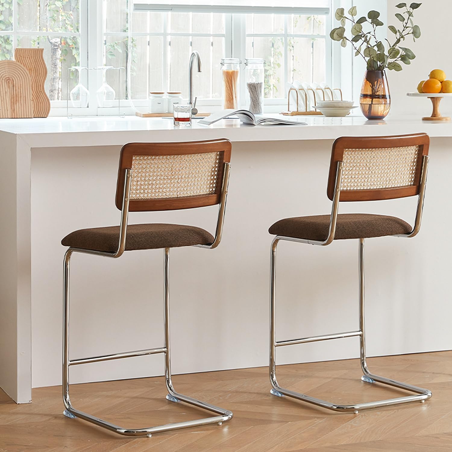 GrandNoor Natural Rattan Bar Stools Set of 4 with Solid Wood Back, 24 Inch Mid Century Modern Counter Height Stools, Brown Upholstery Boho Stool for Kitchen Counter with Chrome Metal Legs