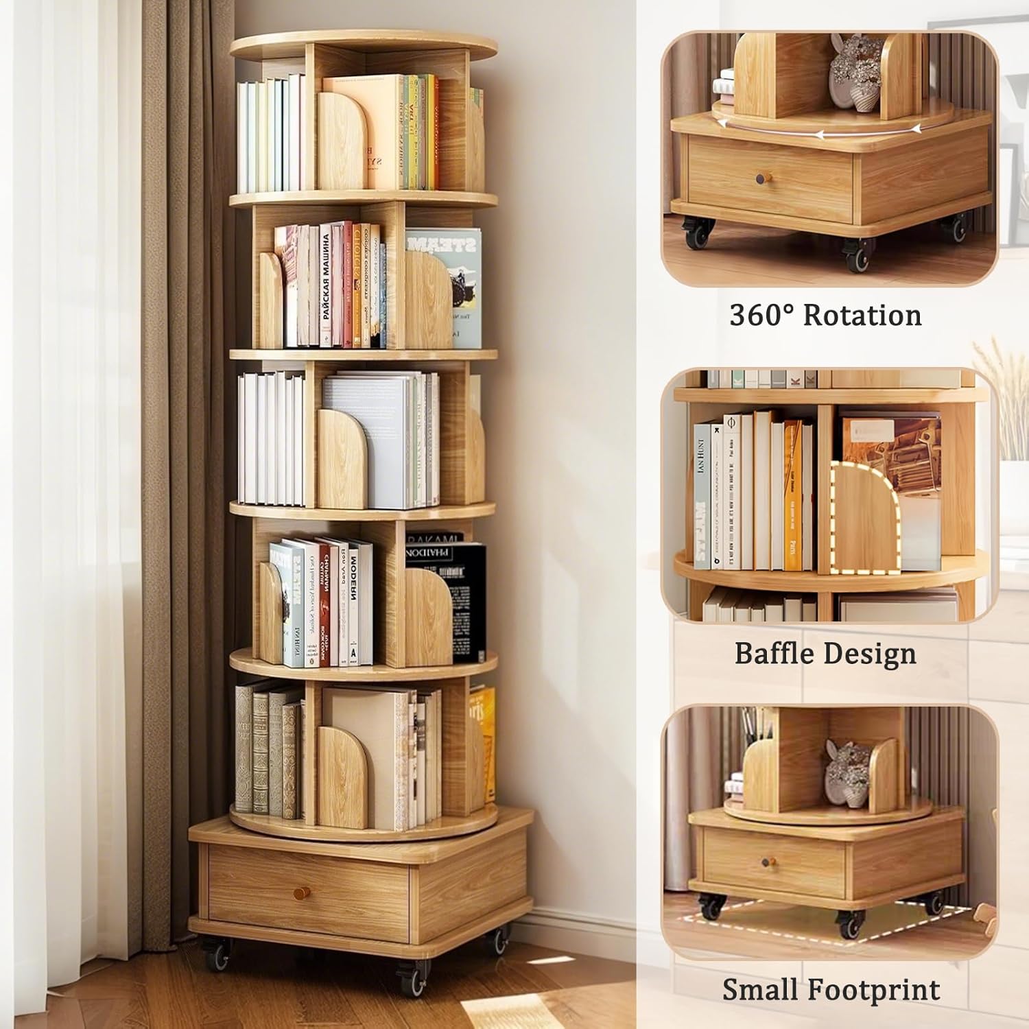 6 Tier 360° Rotating Bookshelf with Drawer & Wheels, 68” Tall Spinning Bookcase Tower, Space-Saving Round Corner Shelf for Small Spaces, Bedroom, Living Room