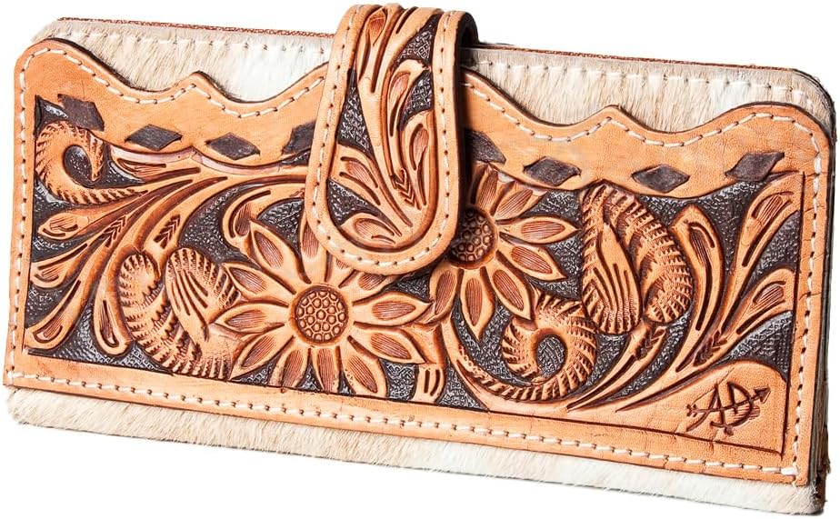 American Darling Western Wallet Bag Hand Tooled Floral Carved Hair-On Cowhide Genuine Vegetable Tanned Leather Travel Clutch