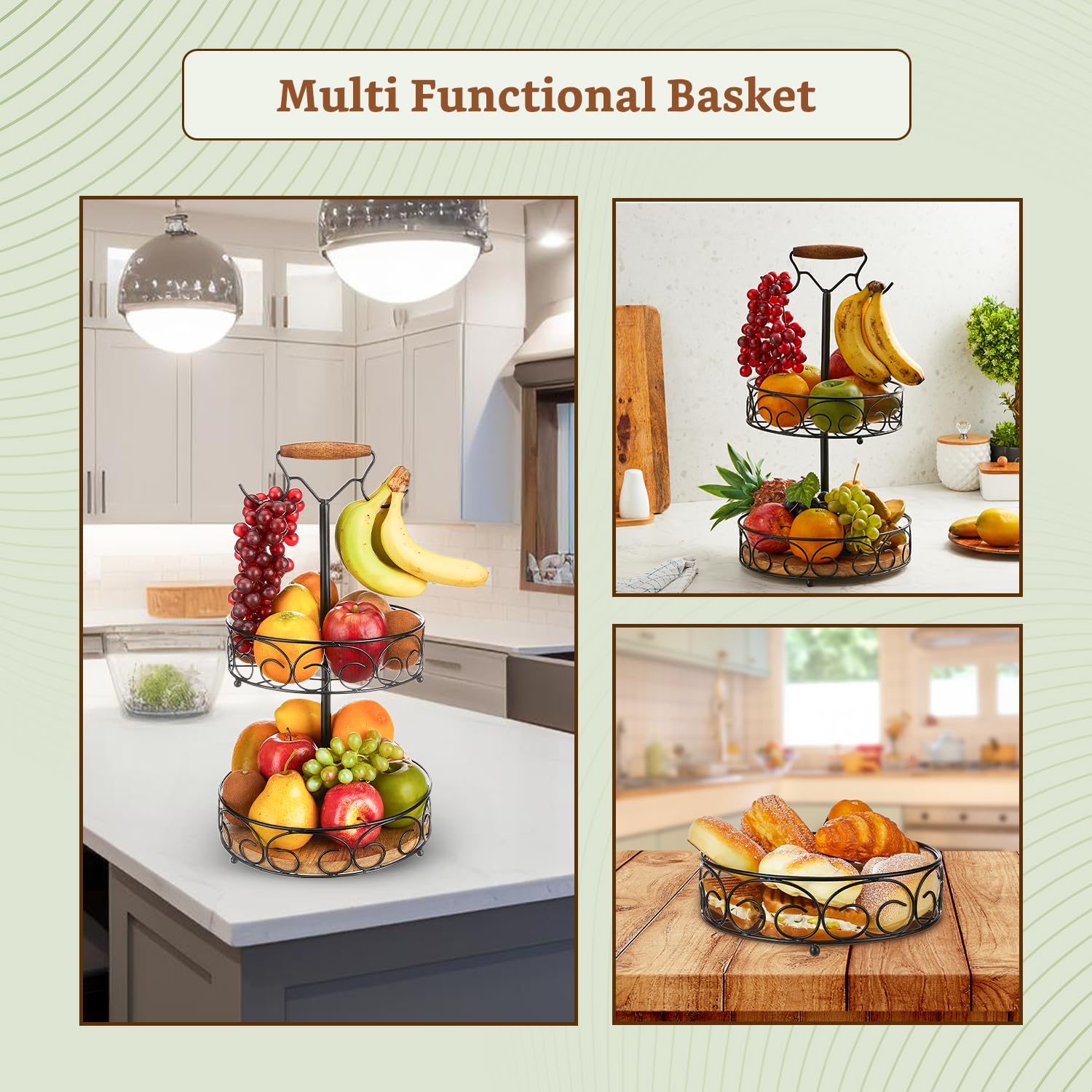 Solimo Fruit & Vegetable Countertop Bowl Storage with Banana Hanger | Iron | Black Powder-Coated Finish | Kitchen Organizer & Display 3