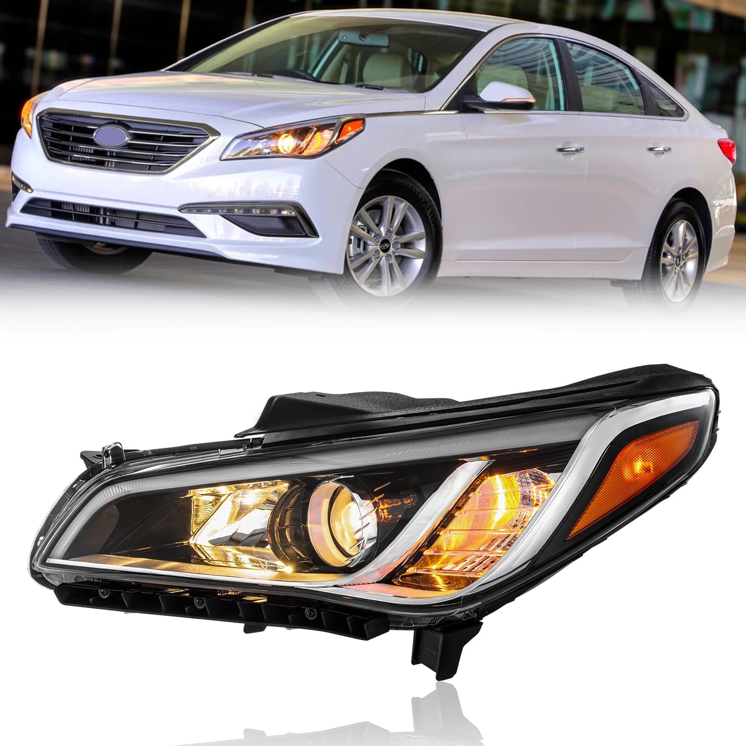 Halogen Headlight Assembly with Parking Lamp, with Bulbs, Compatible with 2015 2016 2017 Hyundai Sonata SE, Sport, Limited, ECO 92101-C2050, (Not for Hybrid), Driver Side