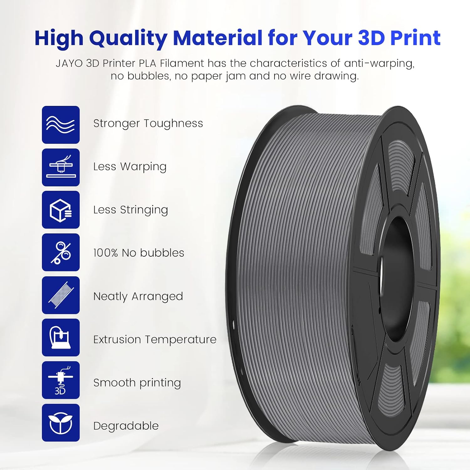 JAYO 3D Printer PLA Filament, 1.75mm PLA Filament Dimensional Accuracy +/- 0.02mm, 1KG Spool 3D Printing Material fit for FDM Printers, PLA Grey