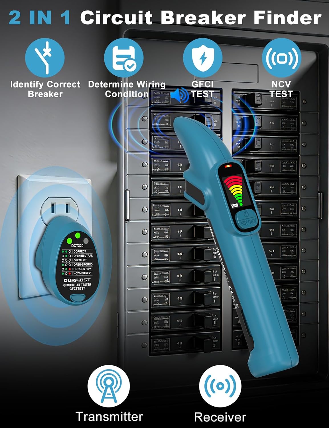 DURFICST Circuit Breaker Finder with GFCI Outlet Tester, 90-135V NCV Electrical Circuit Tracer Tool with LCD Display & Buzzer Alarm for Electricians/DIY, Includes Adapters and Carrying Case
