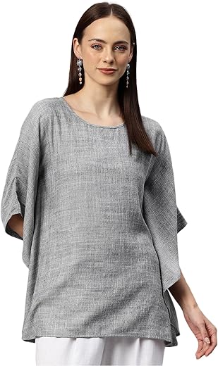 Cottinfab Grey Solid Kaftan Top with Kimono Sleeves