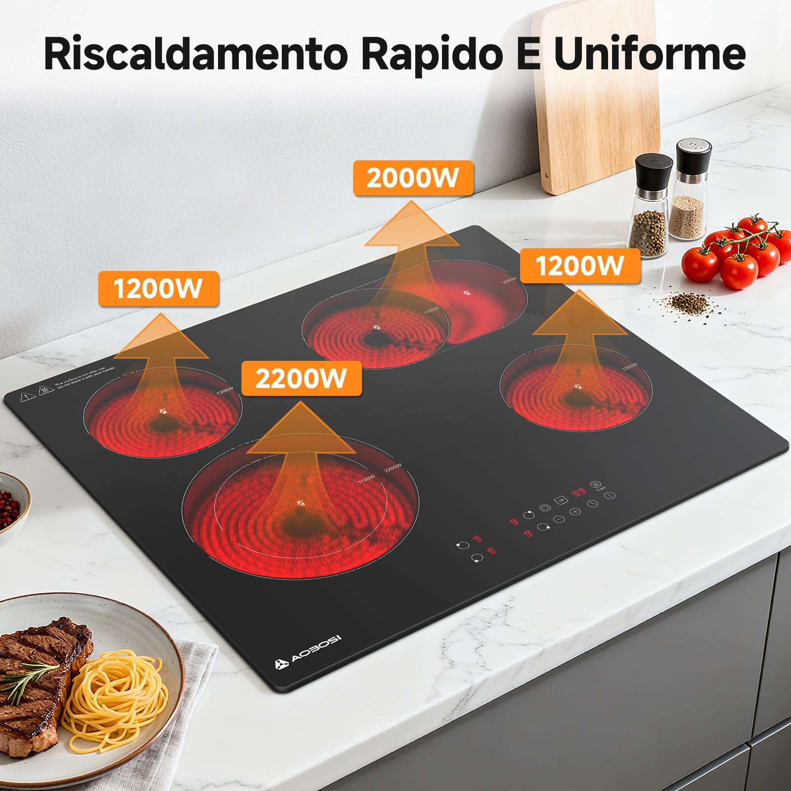 Aobosi Piano Cottura in Vetroceramica, Piano Vetroceramica 4 Fuochi con Controllo Touch Sensoriale, 9 Livelli di Potenza, Funzione Pausa,6600 W, Blocco di Sicurezza,Timer 99 Min