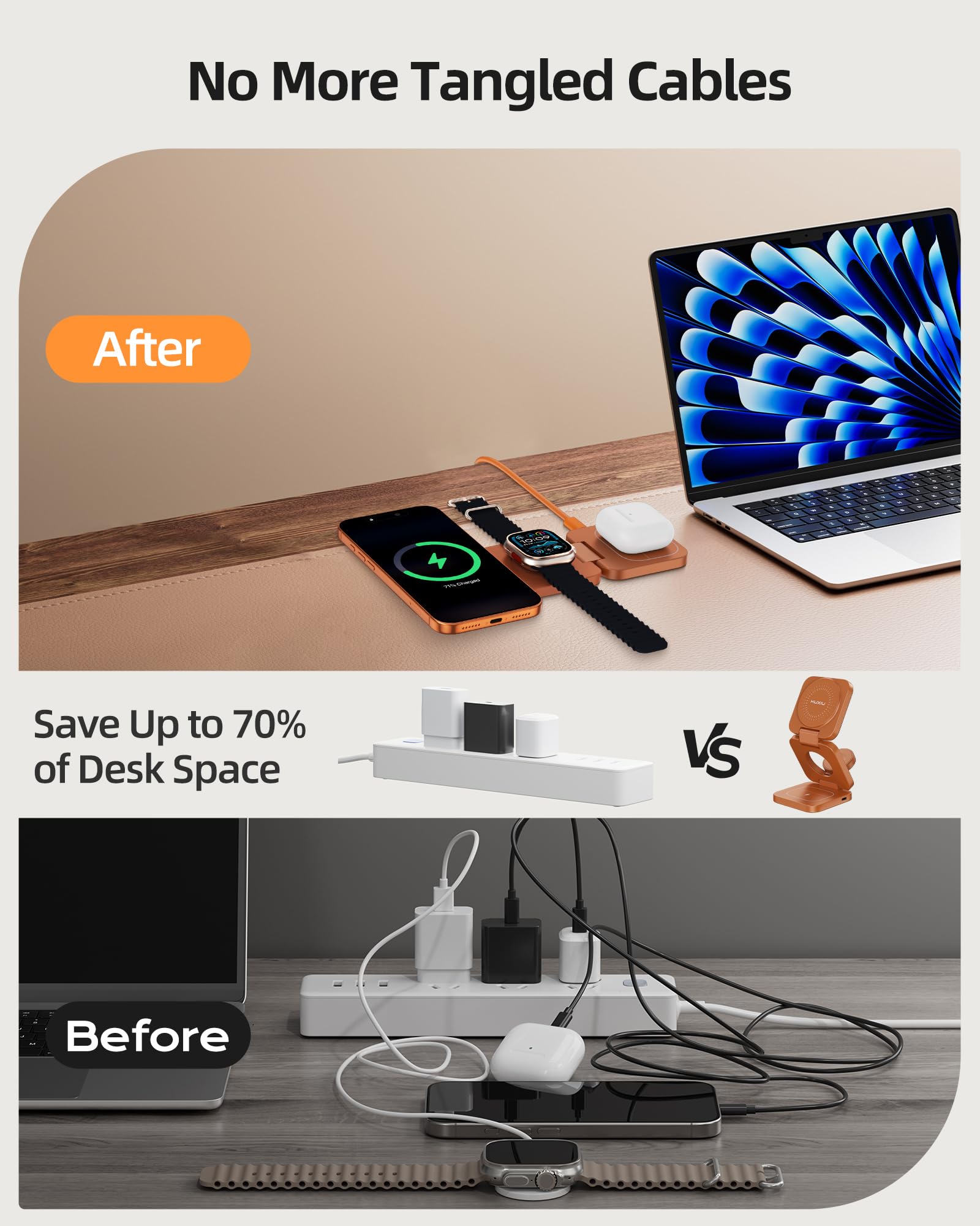 KU XIU X55 Turbo Qi2.2 25W Caricatore Wireless per Magsafe, Pieghevole Stazione di Ricarica 3 in 1, Magnetico Wireless Charger Base per iPhone 17-12 & Watch & AirPods, Adattatore incluso, Arancio