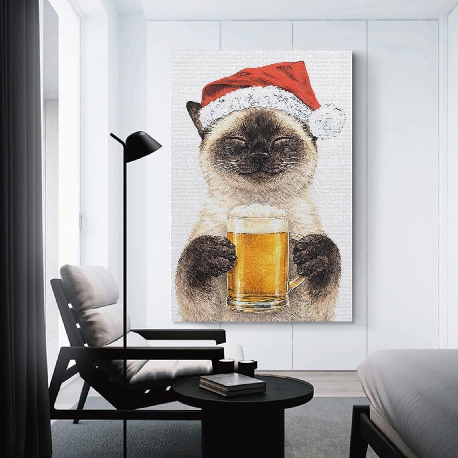 Junmoney Siamese Cat in Santa Hat with Beer Home Decor Wall Art 16x24inch(40x60cm), for Hallway, Bedroom Or Modern Interiors, Canvas Artwork with Gifting Potential