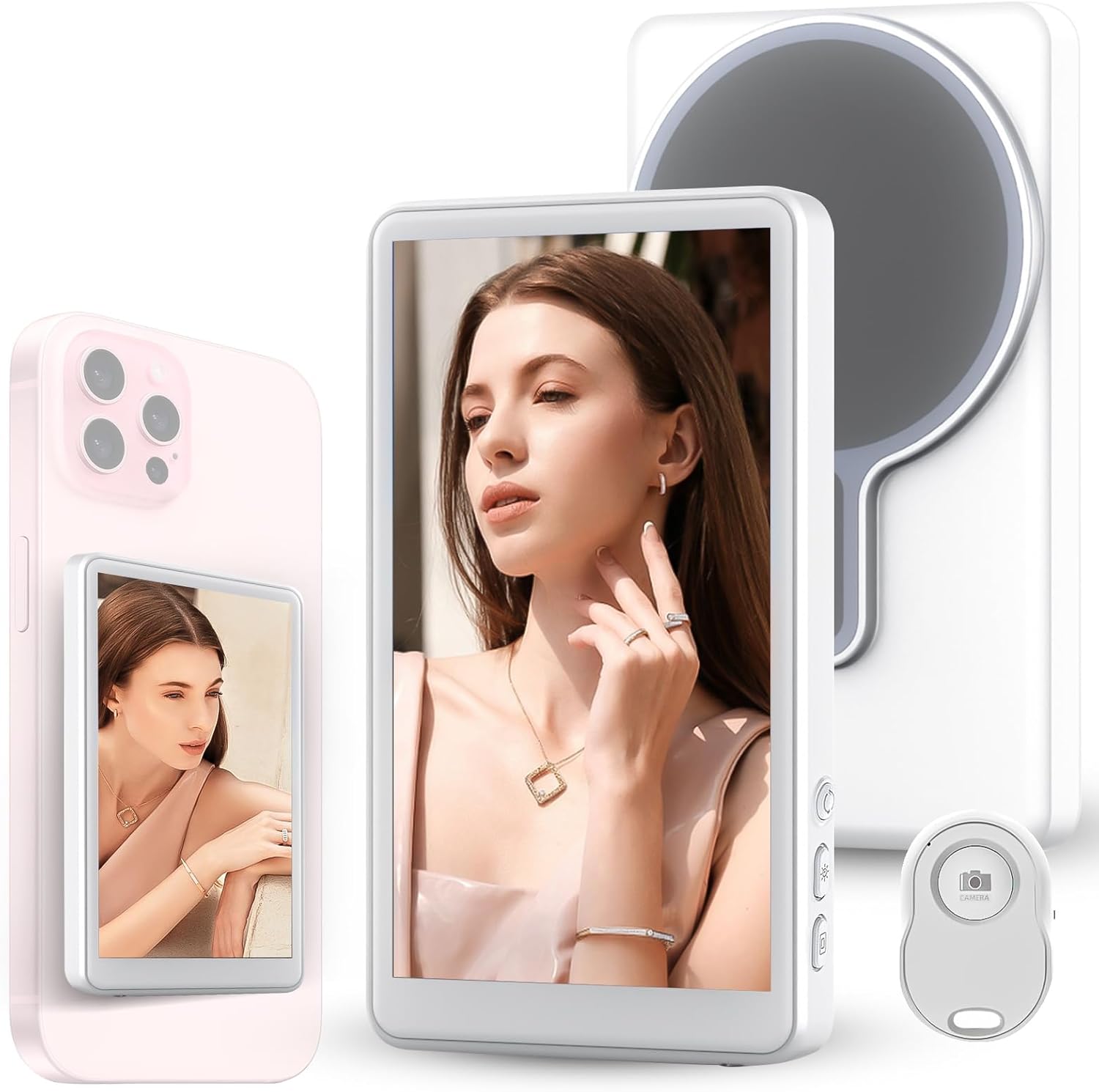 Wireless Selfie Monitor Screen, Rear Camera Monitor for iPhone/Android, Portable Phone Vlog Selfie Monitor Screen with Remote Control & Magnetic Connection, 1800 mAh, Gift for Friends/Family, White