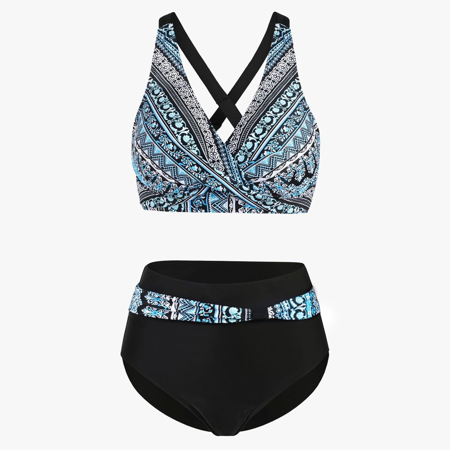 Women's Vintage Print Two-Piece Swimsuit - Wrap Front Bikini With High Waisted Tummy Control