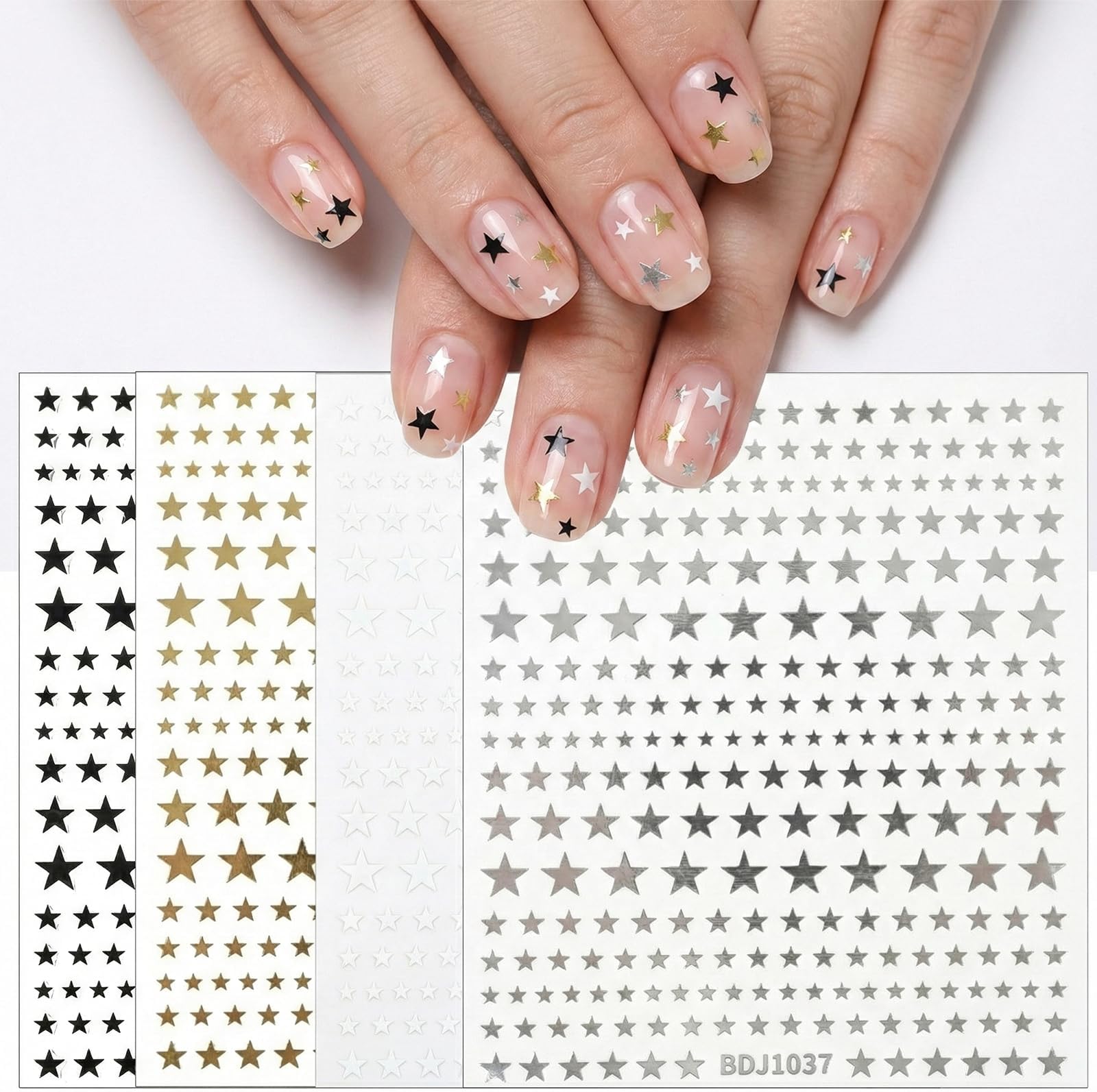 4 Sheets Star Nail Stickers for Nail Art, 4 Color 3D Glitter Shiny Self-Adhesive Gold Silver Black White Decals Manicure Nails Art Sticker, DIY Transfer Decor Supplies for Women Acrylic Nails Tips