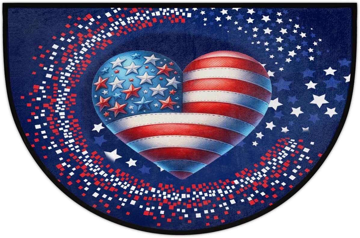 Half Round Doormat American Flag Heart Blue Washable Semi Circle Rug Non Slip Absorbent Half Moon Rug Kitchen Mat for Indoor Outdoor Bathroom Patio Front Welcome Fireplace Hearth Floor Mat