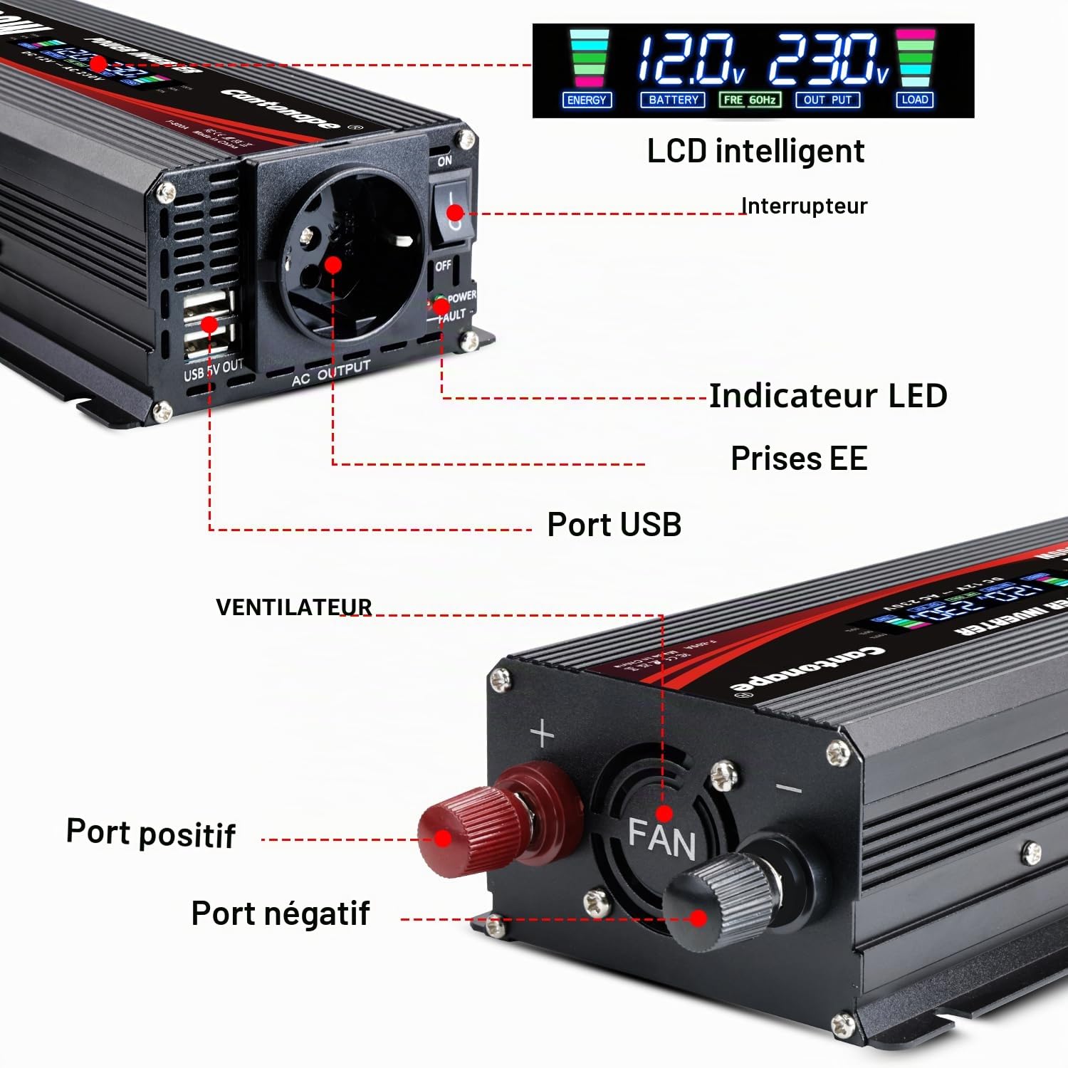 Cantonape Convertisseur 12v 220v 500W/1000W onduleur de Voiture, Convertisseur pour Voiture avec écran LCD Moniteur, 3.1A Double transformateur de Chargeur de Voiture Rapide USB