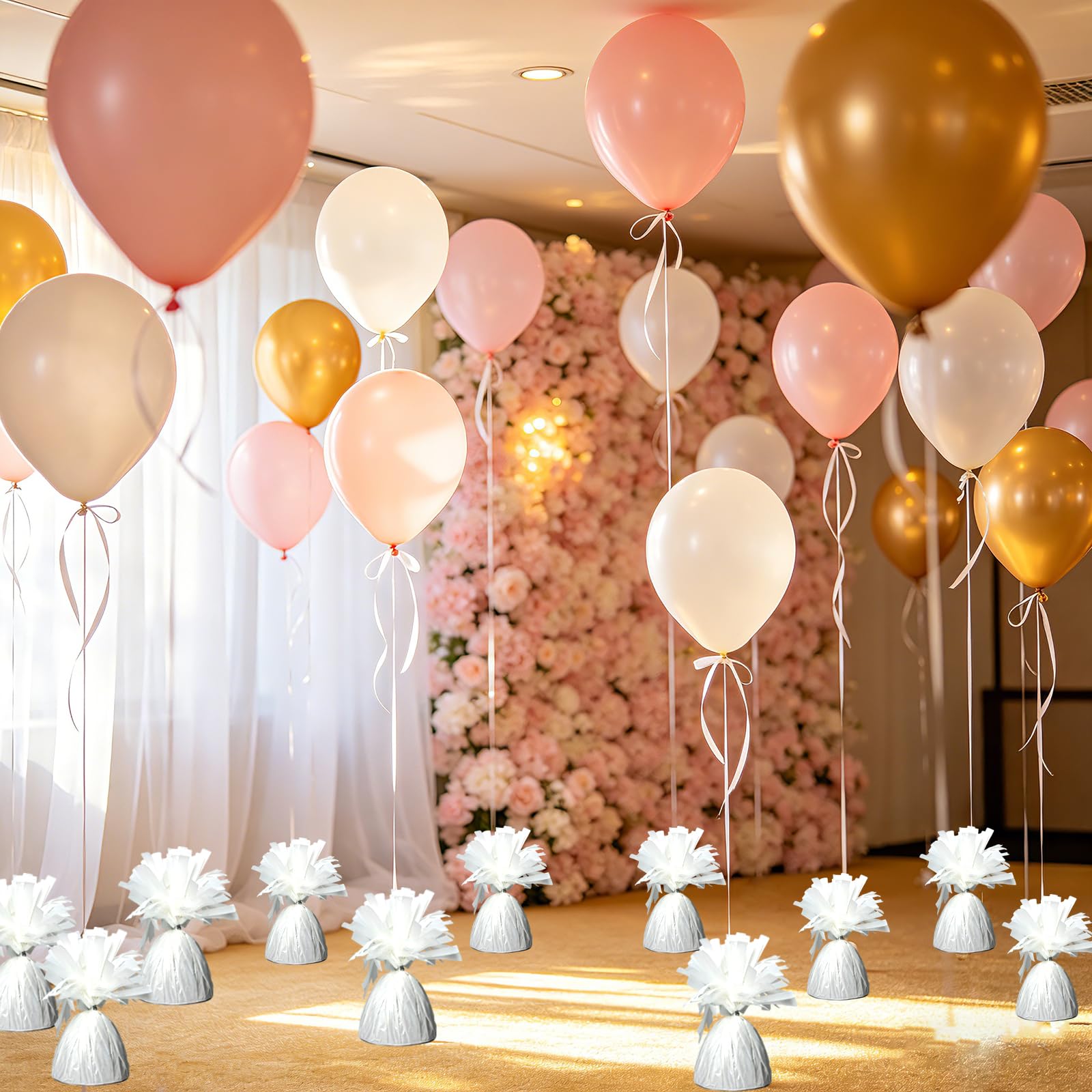 FUBININA 12 pesi per palloncini con ancora metallica con 1 rotolo di nastro in alluminio resistente, supporto per palloncini a elio, decorazione da tavolo per laurea, compleanno, matrimonio