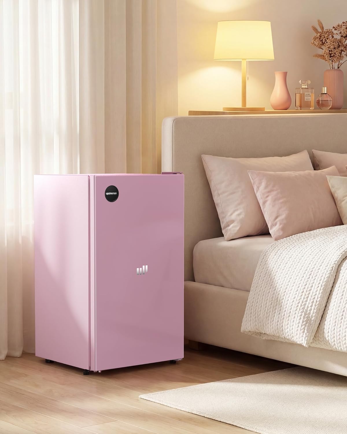 Upstreman 3.2 Cu.Ft All-Refrigerator Mini Fridge, Single Door Small Refrigerator, Dorm Fridge with 7 Adjustable Thermostat, Compact Refrigerator for Office, Bedroom or Dorm,Pink-CR32