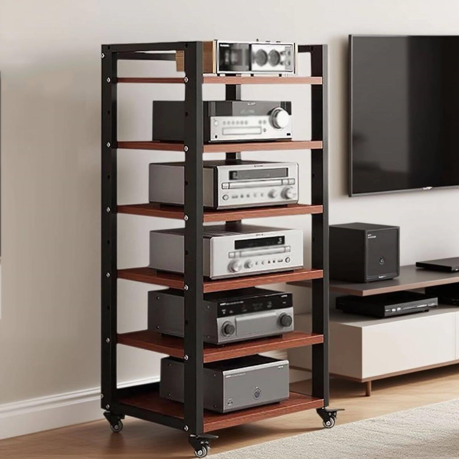 Dernoing 6 Tier Audio Rack Tower, CD Record Player Stereo Receiver AV Equipment Cabinet Display Rack, Weight Capacity 661 lbs, with Adjustable Wooden