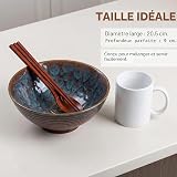 TCETCY Lot de 2 Bols Ramen en Céramique Bol Japonais en Céramique Bols à Ramen avec 2 Cuillère et 2 Baguettes pour Micro-Ondes Grand Bols à Soupe de 20,5 cm pour Salade de Fruits, Légumes, Nouilles - 2