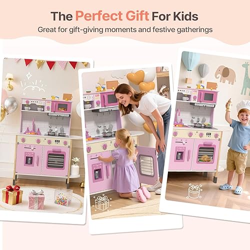 Miniatura 6 de BIERUM Juego de cocina, juego de cocina de madera para niños pequeños con luces y sonidos reales, juguetes de cocina de altura ajustable con 30