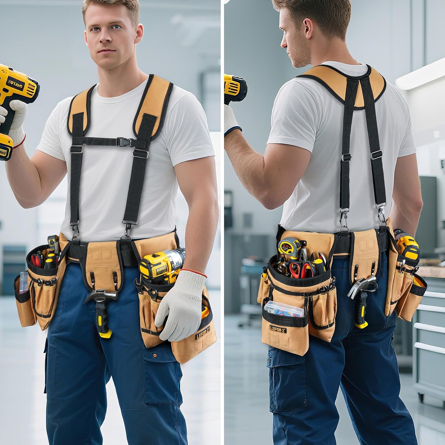 Tool Belt with Suspenders,27-Pockets Heavy Duty Tool Belts for Men with Magnetic Tool Pouch,Detachable & Adjustable Work Belt Bag for Electrician,Carpenter,Construction,Utility Toolbelt,Black,Brown