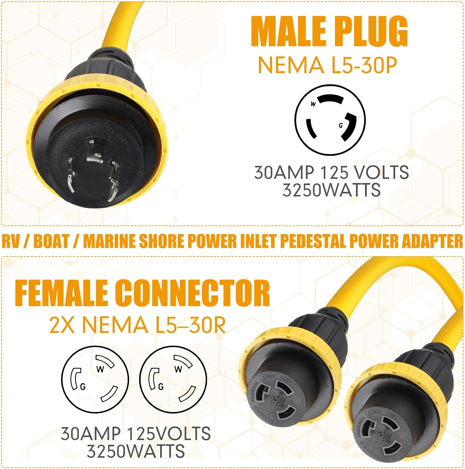 Kanayu 3FT RV Marine Shore Power Y Splitter, 30A L5-30P Male to Dual L5-30R Female Adapter with Locking Ring & Collar, 125V Heavy Duty Cord for RV, Boat, Camper, Generator(Black,Yellow)