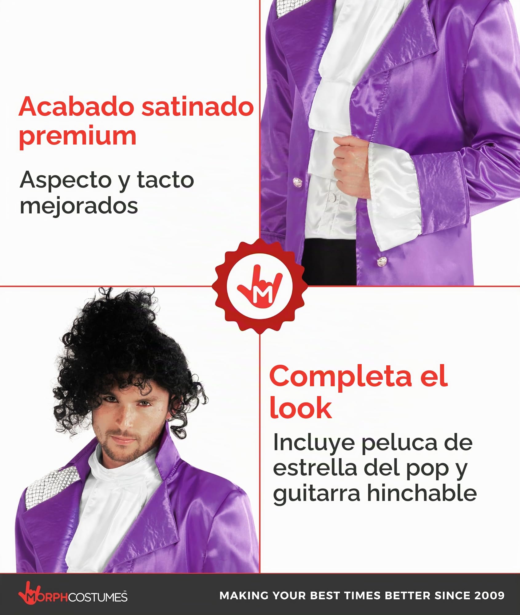 Morph Disfraz Estrella Pop Morado, Traje Músico Años 80 Hombre, Cosplay, Disfraz Carnaval y Halloween