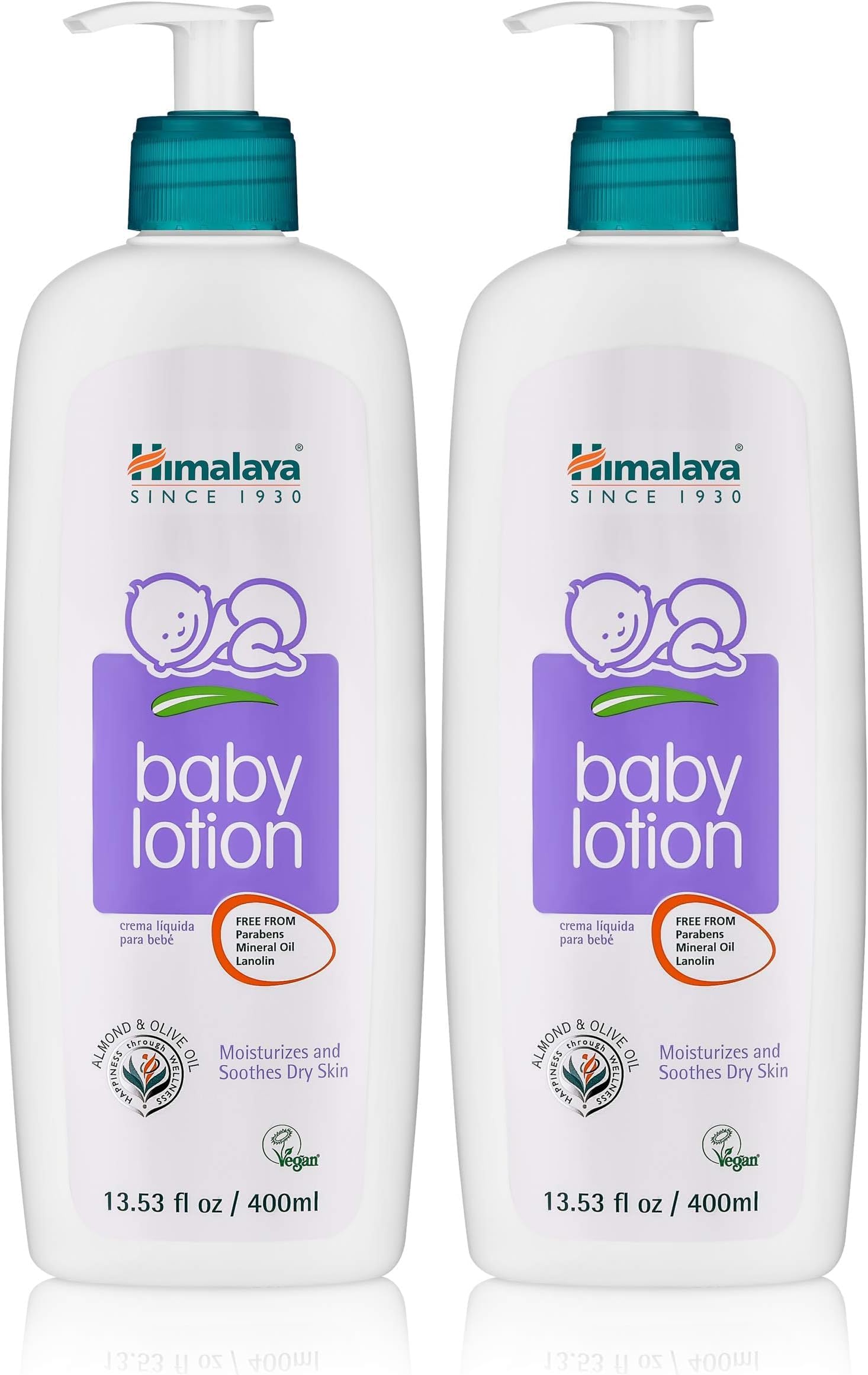 Himalaya Baby Lotion with Olive Oil and Almond Oil, Free from Parabens, Mineral Oil & Lanolin, Dermatologist Tested, 13.53 oz (400 ml) (Pack of 2)