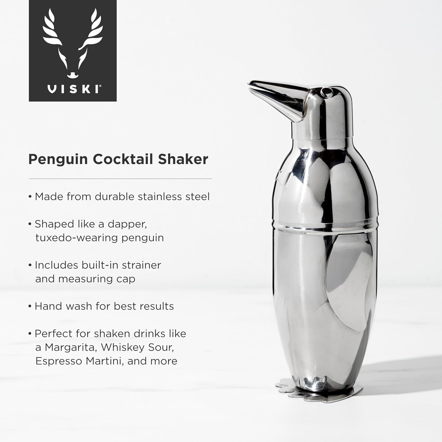 Viski Penguin Cocktail Shaker with Strainer, Stainless Steel Cobbler Shaker for Margaritas, Whiskey Sours & Other Cocktails, Penguin Gifts for Home Bar, Cocktail Party Essentials, 17 oz