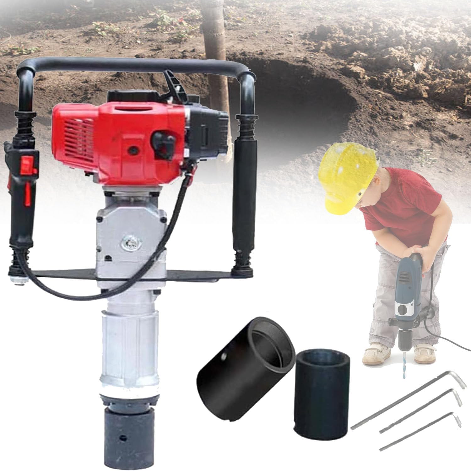 2 Stroke Petrol Post Driver, Petrol Fence Post Driver Engine Pile Digger Fence Farm Hammer Fence Piling Gasoline Engine, 55/70mm two Size Pile Head, for Garden Farm Fence