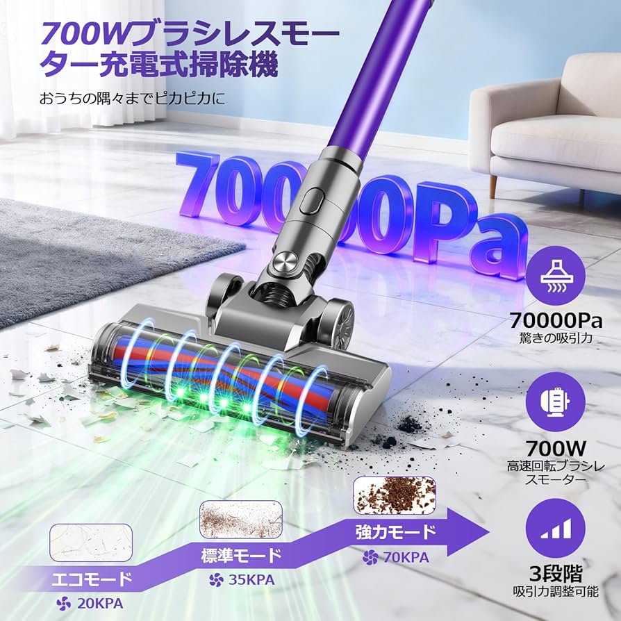 Amazon | 掃除機 コードレス【11月新登場！革新版4つの緑LEDライト付き