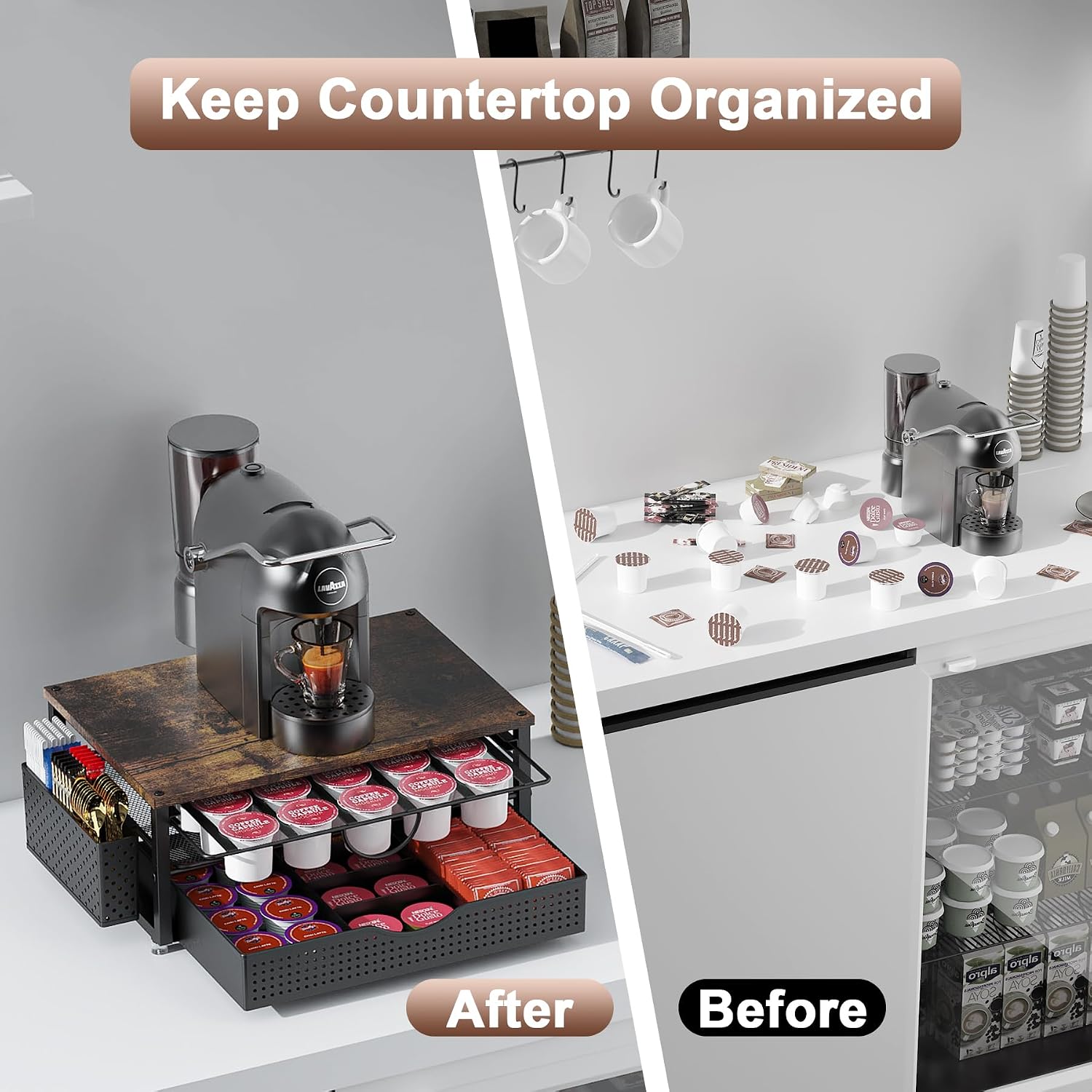 K Cup Holder, Coffee Pod Holder with 2 Tier Sliding Storage Drawer and 1 Hanging Basket for 51 Large or 73 Small Capsule,K Cup Coffee Station Organizer Accessories for Counter,Home,Office,Kitchen