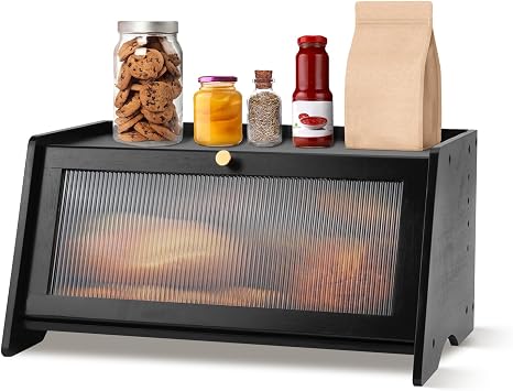 Bread Bin Bamboo Bread Storage Box for Kitchen, Large Capacity Wooden Breadbox Holder Containers Organizer with Striped Window Door Panel for Countertop Black