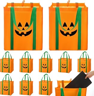 Amylove 6 Pcs Large Halloween Reusable Grocery Bags Non-woven Shopping Totes Halloween Lantern Pumpkin Bags Trick or Treat Gift Bag with Reinforced Handle Thick Plastic Bottom Hold 50lbs, 15x13x10inch