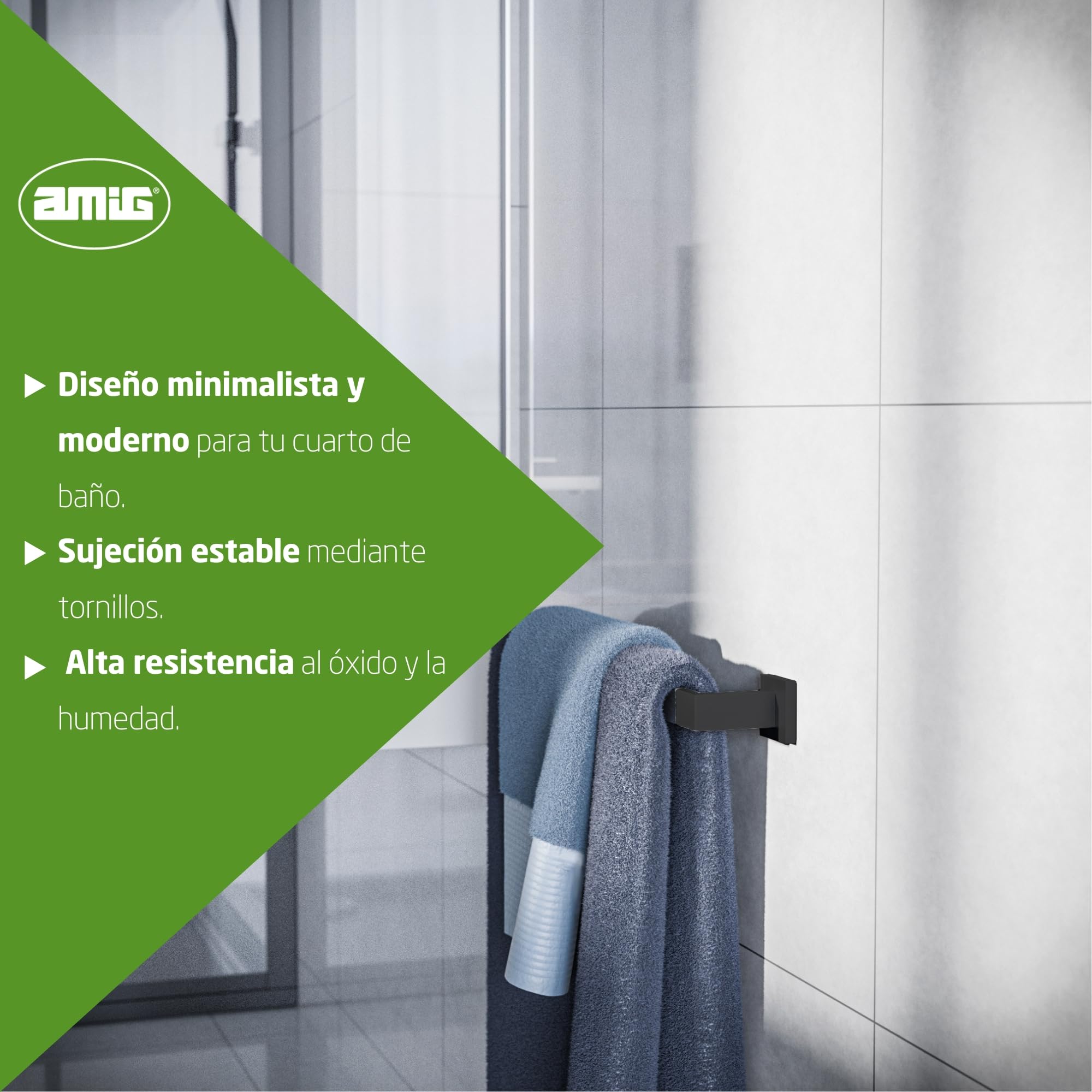 Amig - Toallero de baño Mod. Isla-1 - Soporte de Pared para Toallas con Tornillos incluidos - 600 x 80 x 55 mm - Acero Inoxidable - Negro Mate