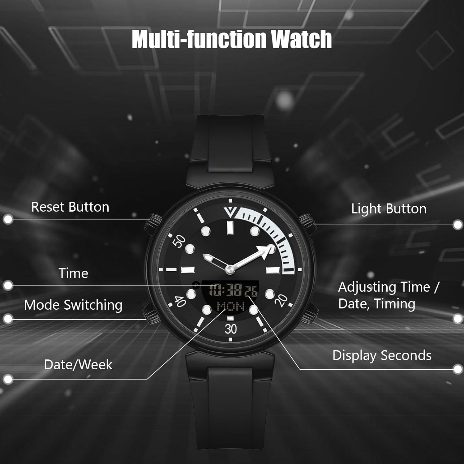 RORIOS Unisex Watch Digital Quartz Watch with Rubber Strap Men Women Waterproof Stopwatch Multifunction Electronic Wristwatch for Mens/Womens