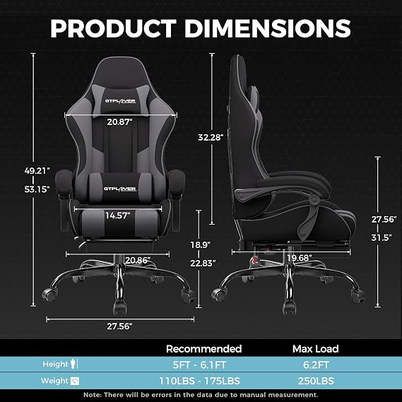 GTPLAYER Gaming Chair, Computer Chair with Footrest and Lumbar Support, Height Adjustable Game Chair with 360-Swivel Seat and Headrest and for Office or Gaming (Darkgray, Fabric)