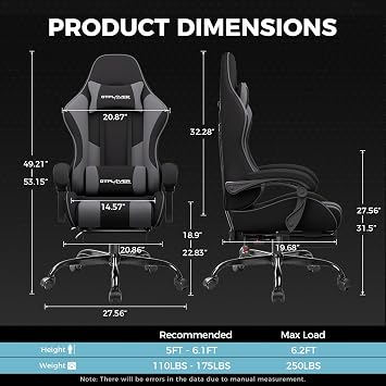 GTPLAYER Gaming Chair, Computer Chair with Footrest and Lumbar Support, Height Adjustable Game Chair with 360-Swivel Seat and Headrest and for Office or Gaming (Darkgray, Fabric)