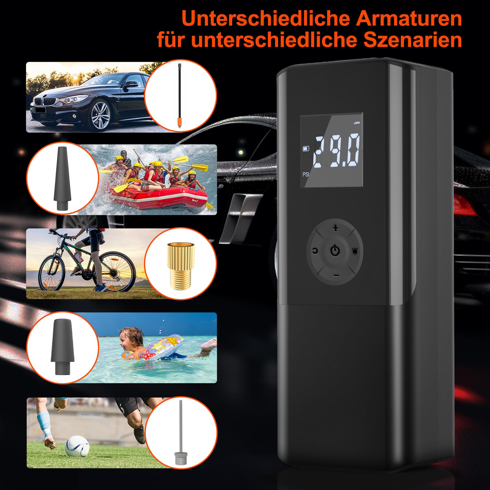 Luftpumpe 150PSI Elektrische Fahrradpumpe Mini Kompressor 12V EasyPump Mit Alle Ventile Autostop Funktion LCD LED Reifenfüller Tragbarer Luftkompressor über USB-C wiederaufladbar Als Powerbank