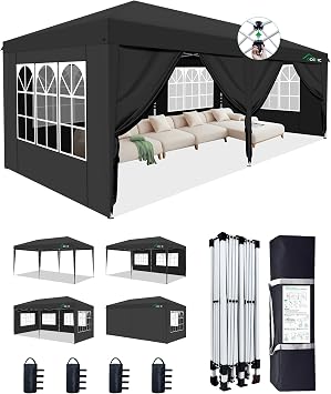 Acepic 10x20 Pop Up Canopy Tent with 6 Removable Sidewalls, Easy Set-up 2 Central Lock Outdoor Party Tent, Commercial Canopy, Stakes x8, Ropes x4, Sandbags x4, Hand Bag x1Black, 10 * 20