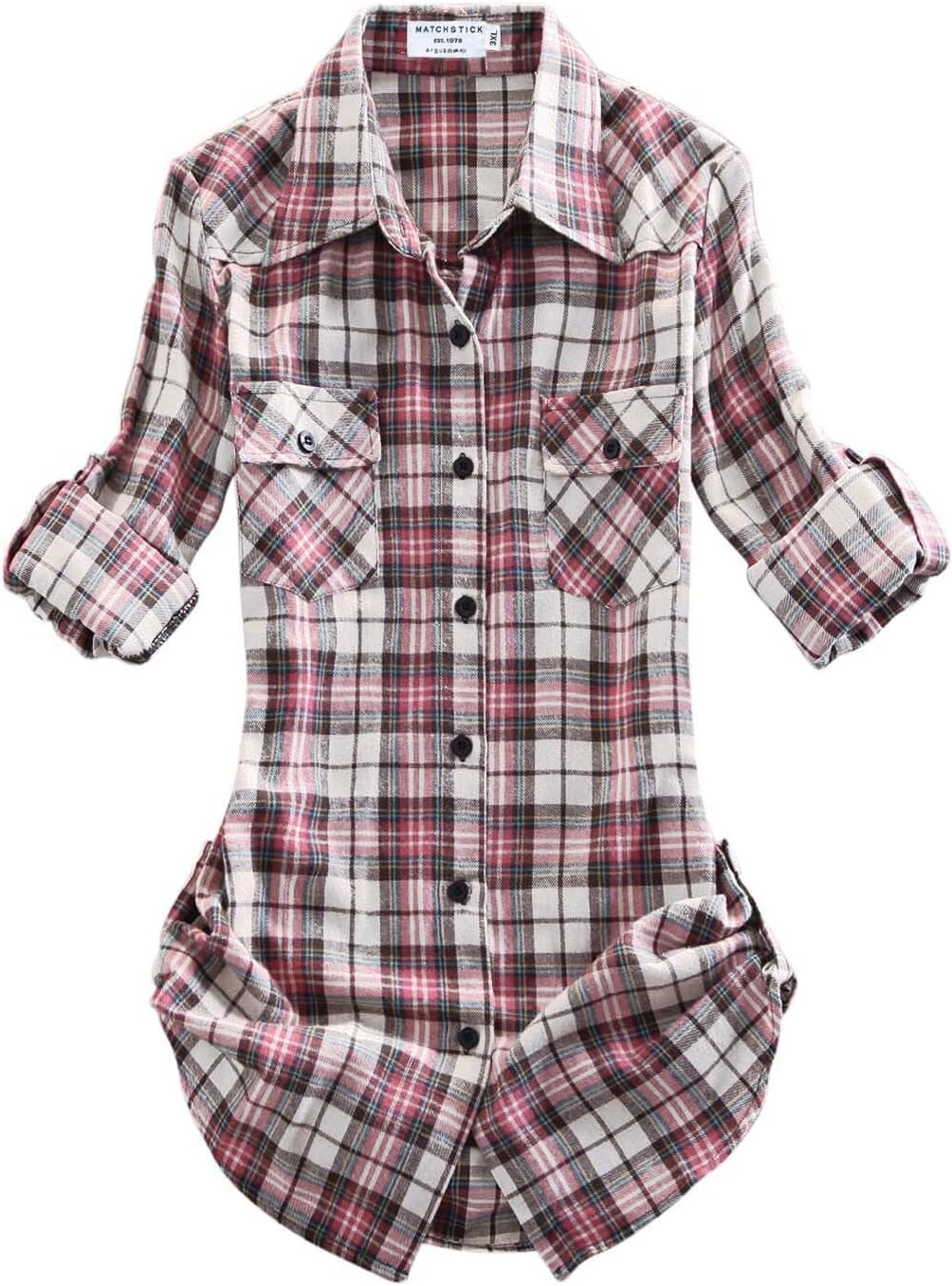 Match Womens Button Down Flannel Plaid Shirts roll up Long Sleeve Shackets Business Blouse Top