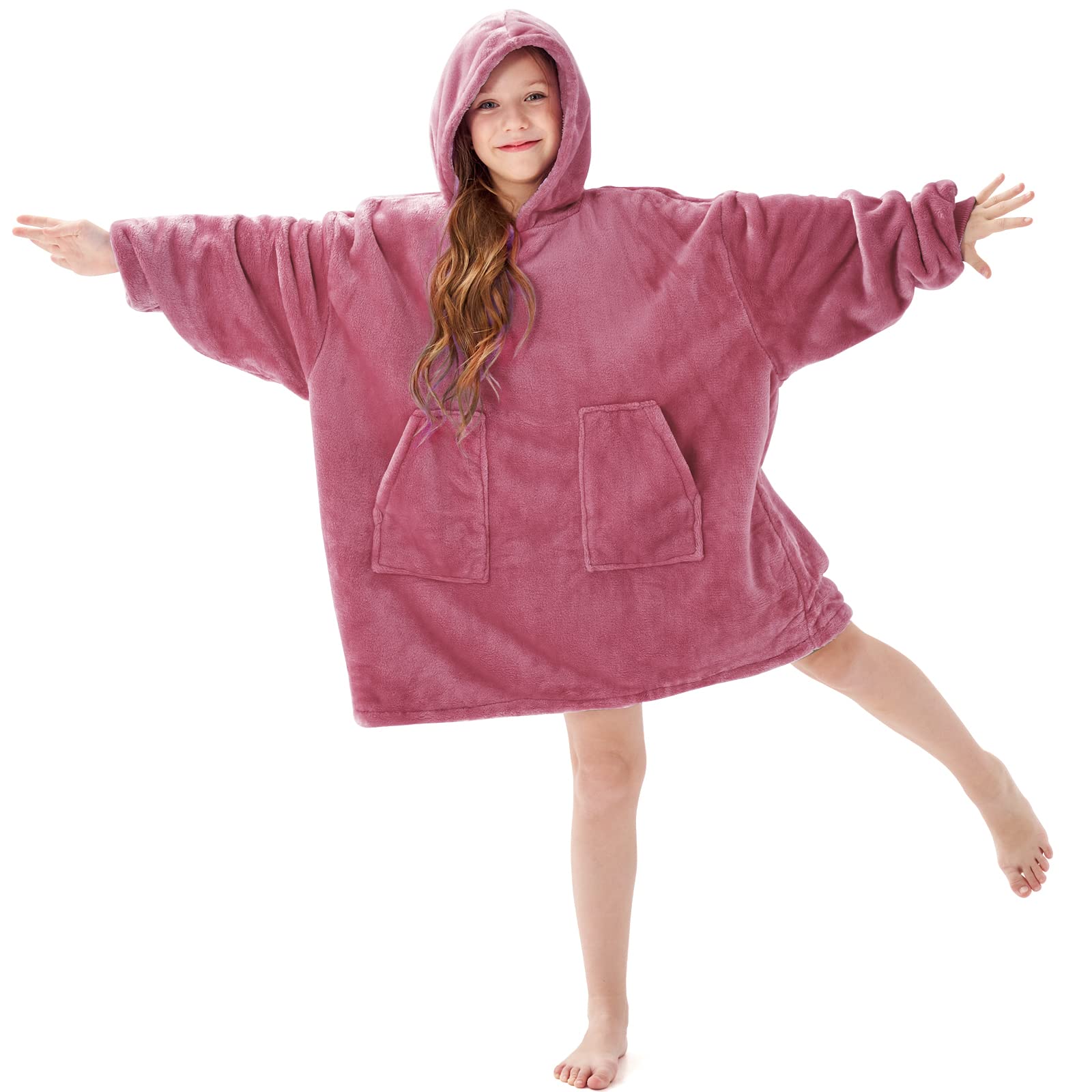 Aemicion Wearable Blanket Hoodie for Kids Super Soft Warm Oversized Hooded Blanket Sweatshirt Hoodie Blanket for Girls Pink