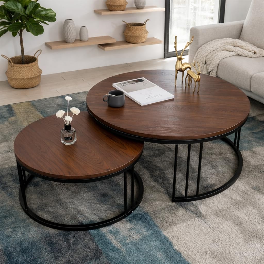 Luxury Round Nesting Coffee Table Set with Gold Metal Frame | Modern Living Room Center Tables (Set of 2 (Black & Rust)-image-45