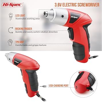 Hi-Spec Small Electric Screwdriver, Mini Drill Set, Rechargeable 3.6V Cordless Screwdriver with 26 Driver Bits, Power Tool for Small Projects & Home Use, Red