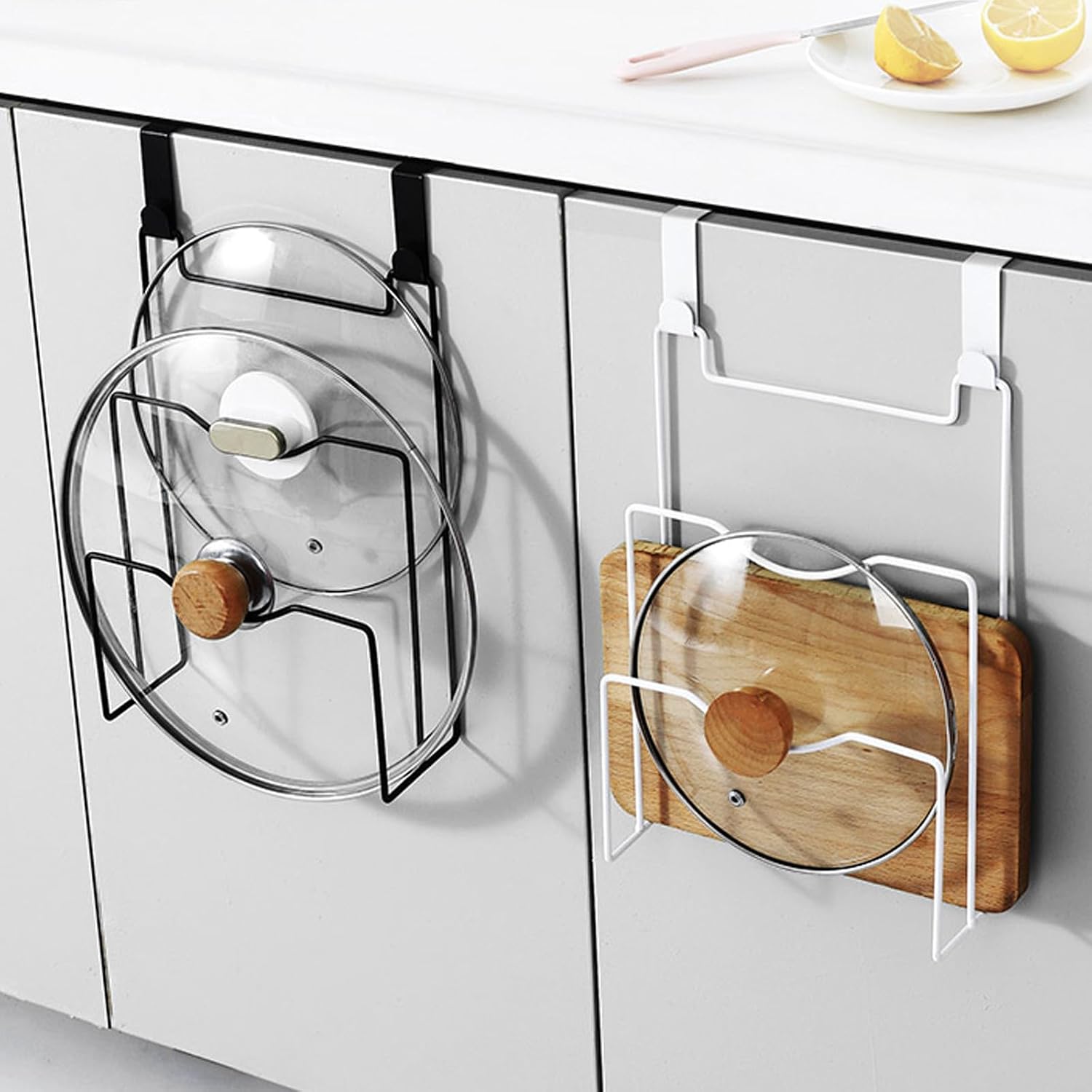 Wear-resistant Iron Wall-mounted Pot Lid Rack, White Pan Cover Organizer for Kitchen Cabinet, Household Pot Lid Holder with Cutting Board Storage, No-drill Installation