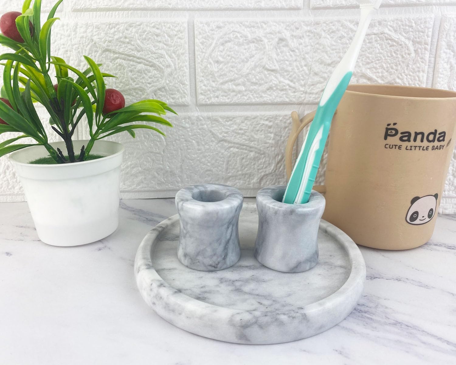 Natural Marble Toothbrush Stand, Mini Toothbrush Holder Stand for Bathroom Vanity Countertops, White, 2 PackNatural Marble - Image 3